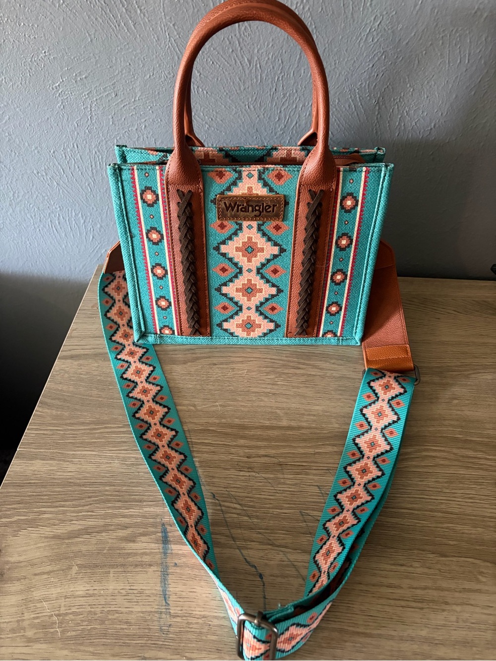 Wrangler Turquoise & Peach Southwestern Crossbody Tote with Brown Accents